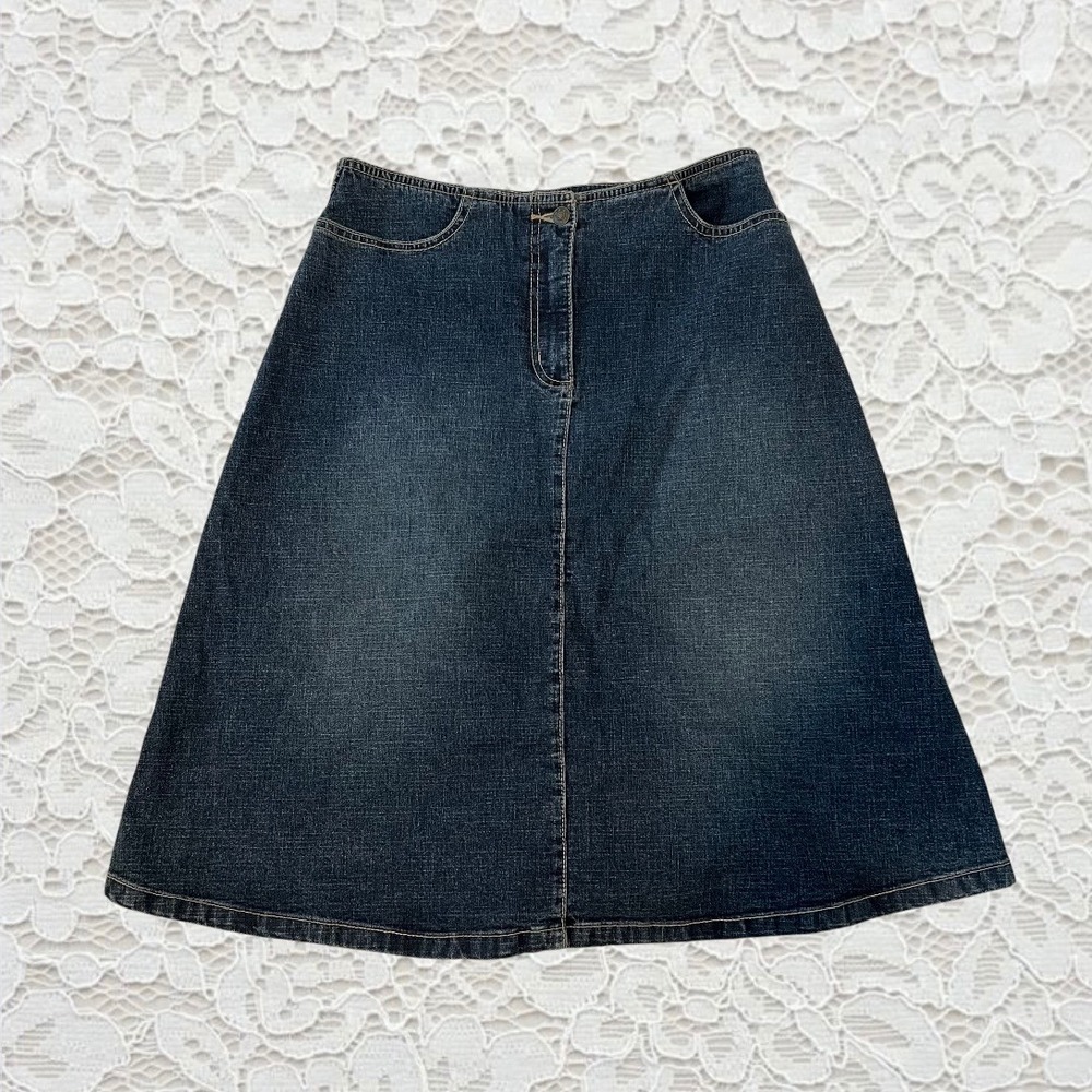 vintage dark wash denim midi skirt‎